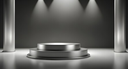 Podium silver metal platform 3D stage pedestal stand background product. Podium isolated metal silver base display round render steel shape white scene cylinder circle award space circular object