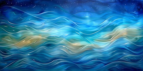 Wall Mural - Nautical-themed watercolor painting with abstract navy blue and turquoise sea wave pattern on canvas. Concept Painting, Nautical, Watercolor, Abstract, Ocean Waves