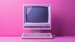 © Sanja - A retro, vintage computer with a purple screen is displayed against a vibrant pink background, evoking nostalgia for the 80s and 90s technology.