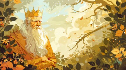 Wall Mural - An old man wearing a crown stands among the trees in a mystical forest