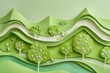 A landscape paper cut of green mountains and trees