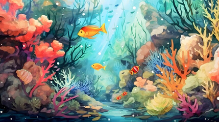 Wall Mural - Vibrant Underwater Ecosystems Watercolor