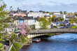A view of Kilkenny, Ireland and the river Nore on a spring day with blooming trees. 