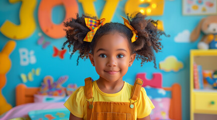 A black girl of five years old with two ponytails in a bright children's room full of children's toys.