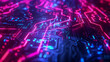 Close-up of computer circuit board with vibrant neon lights
