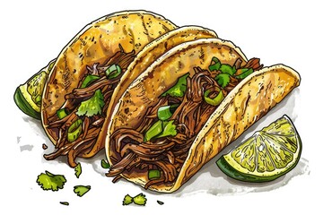 Wall Mural - A drawing of three tacos with a lime slice. Great for food and restaurant concepts