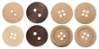 Collection of various wooden buttons isolated on white background. Set from wood buttons on white.