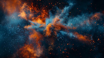 Wall Mural - A mesmerizing and dynamic composition of abstract blue and orange color powder splattered on a sleek black background