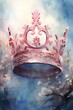 Illustration of a crown on a grunge background with snow and floral edges, realistic watercolor style, pink blue colors