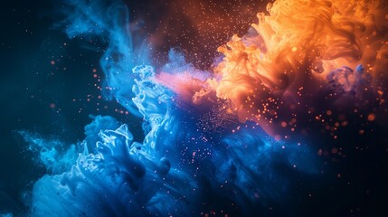 Wall Mural - A mesmerizing and dynamic composition of abstract blue and orange color powder splattered on a sleek black background