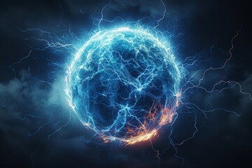 Wall Mural - A blue and orange glowing ball with lightning bolts surrounding it