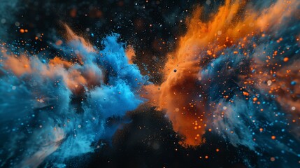 Wall Mural - A mesmerizing and dynamic composition of abstract blue and orange color powder splattered on a sleek black background