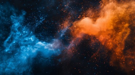 Wall Mural - A mesmerizing and dynamic composition of abstract blue and orange color powder splattered on a sleek black background