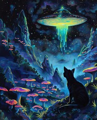 Wall Mural - enchanting night scene with a ufo, neon mushrooms, and a mesmerized cat