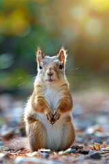 Wall Mural - Curious squirrel standing in autumn foliage