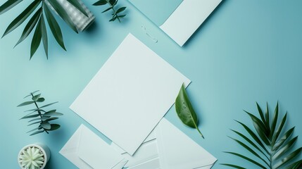 Poster - Sleek Desk Flatlay: Notepads, Envelopes for Business & Education Mockups. Ample Space.
