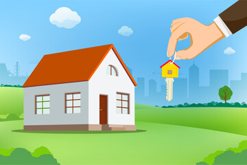 Wall Mural - Real estate agent holds a house key in his hand. Stock vector illustration