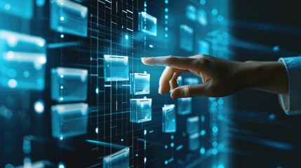 Poster - A person touching a screen with a finger. Suitable for technology concepts