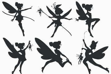 Wall Mural - Cartoon magic fairy tale little fairies silhouettes. Magical little fairies girls flying with butterflies vector illustration set. Fantasy pixie creatures.