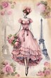 Vintage journal page, fashion illustration, french retro fashion summer dress