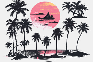 pink beach sunshine grunge palm and biach in vintage style on white background. sunset light. vector