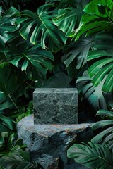 Wall Mural - Green leafy forest with stone pedestal in middle