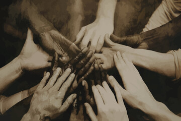 Wall Mural - Group of young people meditating during yoga retreat,  Conceptual symbol of multiracial human hands making a circle