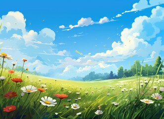 Sticker - Flowers in field with clouds