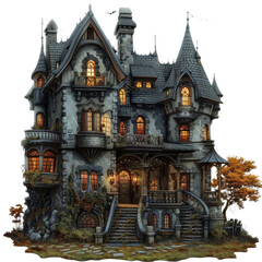 Sticker - Haunting Gothic Manor in Autumnal Twilight Ominous Estate Shrouded in Mystery and Legend