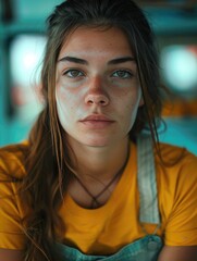 Poster - Woman with brown hair and green eyes is wearing yellow shirt