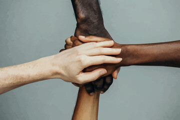 Wall Mural - Group of young people meditating during yoga retreat,  Conceptual symbol of multiracial human hands making a circle