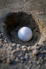 Wall Mural - A golf ball stuck in a hole in the sand. Suitable for sports and recreation concepts