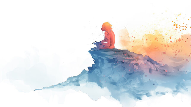 Beautiful digital painting of Hanuman meditating on a mountain peak