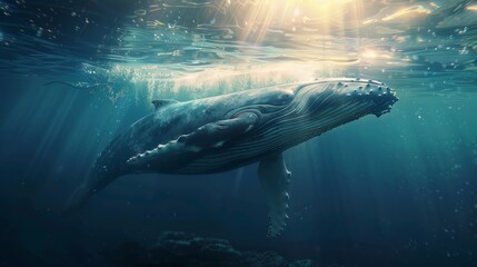 Wall Mural - Humpback whale is swimming through camera. Close up shot of A Big Humpback whale is swimming beneath the surface of the water with sunlight rays. Scene with fish concept. 3D Render. hyper realistic 