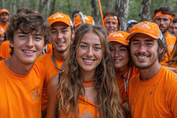 A group of people wearing orange shirts and hats are smiling for the camera