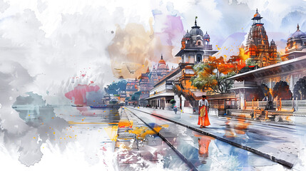 Wall Mural - Lord Rama explores sacred pilgrimage spots in stunning digital watercolor art