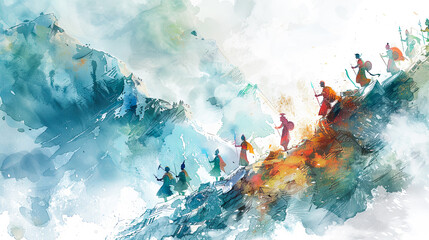 Wall Mural - Beautiful digital painting of Lord Rama leading his army through a challenging mountain terrain