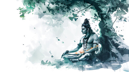 Wall Mural - Beautiful digital painting of Lord lord Shiva meditating under a banyan tree