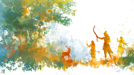 Wall Mural - Beautiful digital painting of Lord Rama and brothers hunting in forest perfect for home decor