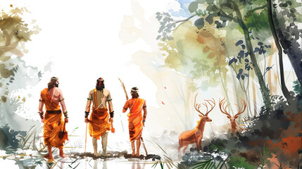 Wall Mural - Beautiful digital painting of Lord Rama and brothers hunting in forest perfect for home decor