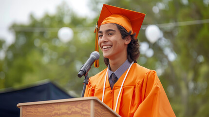 Wall Mural - Smiling young graduate delivering a speech in an orange gown