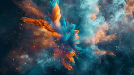 Wall Mural - An immersive and captivating illustration of abstract blue and orange color powder exploding in a burst of color on a rich black backdrop