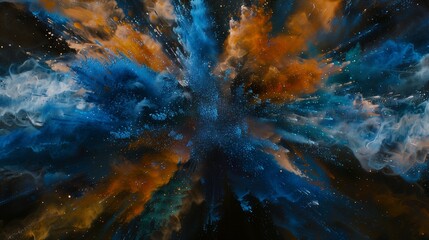 Wall Mural - An immersive and captivating illustration of abstract blue and orange color powder exploding in a burst of color on a rich black backdrop