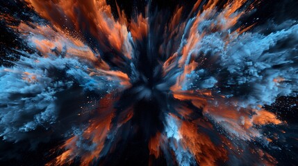 Wall Mural - An immersive and captivating illustration of abstract blue and orange color powder exploding in a burst of color on a rich black backdrop