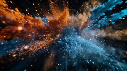 Wall Mural - An immersive and captivating illustration of abstract blue and orange color powder exploding in a burst of color on a rich black backdrop