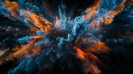 Wall Mural - An immersive and captivating illustration of abstract blue and orange color powder exploding in a burst of color on a rich black backdrop