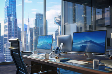 Wall Mural - Corporate office with modern computers in a row