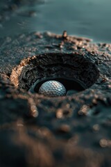 Wall Mural - Golf ball in hole in sandy terrain. Ideal for sports and leisure concepts