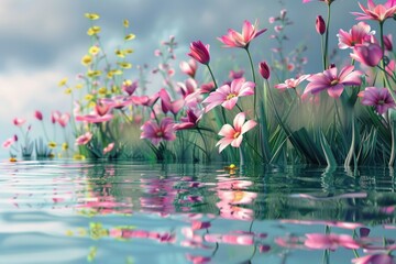 Poster - Beautiful pink and yellow flower field with body of water in background