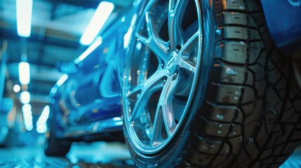 Canvas Print - Car tire is shown in bright blue light